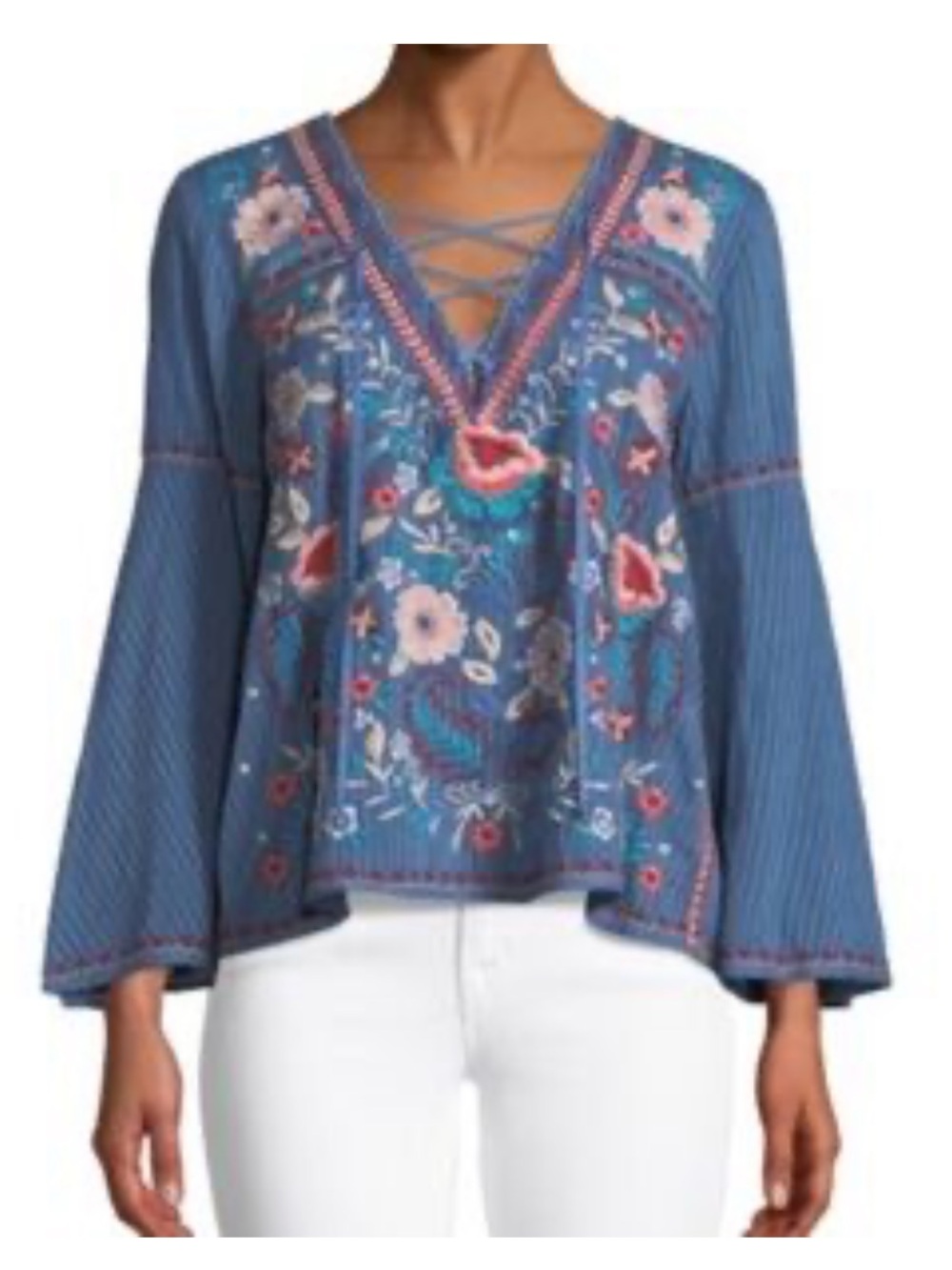 Johnny Was Blue Embroidered Lace-Up Floral Tunic medium Oman
